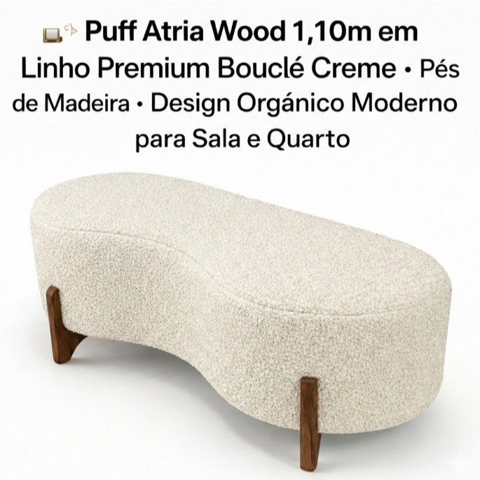🛋️✨ Puff Atria Wood 1,10m em Bouclé Creme Premium  Pés de Madeira  Design Orgânico Moderno