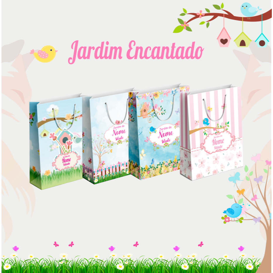 Sacolinhas personalizadas 10x15x4 no tema Jardim Encantado para festa infantil - aniversário - lembrancinha