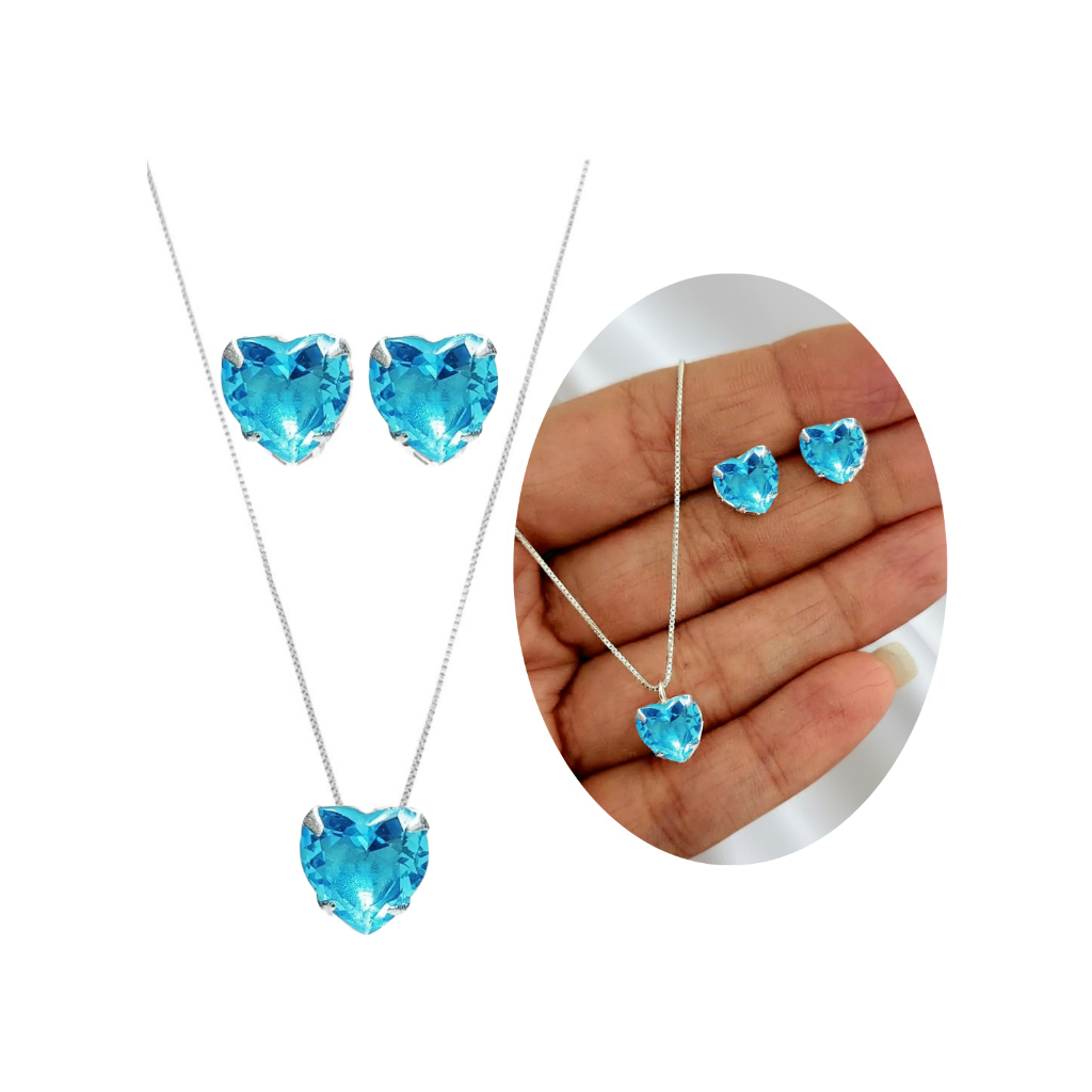 Colar E Brinco Coração Brilhante Azul Turquesa Azul Claro Cravejado Prata 925 Antialérgico Azul