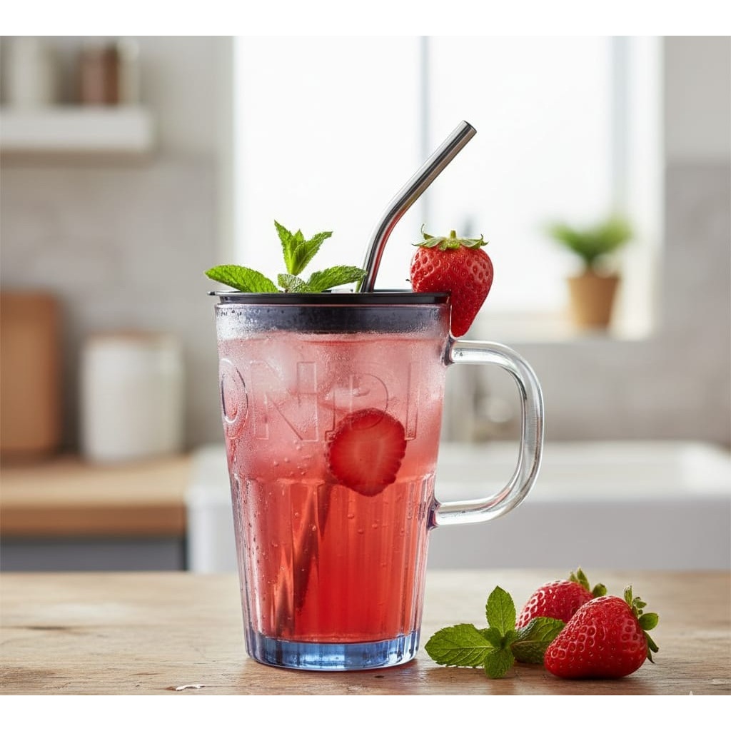 Caneca de vidro para drinks suco refrigerante com tampa e canudo de vidro 400 ml em Oferta na Shopee