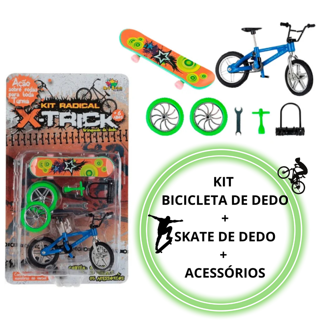Kit Skate + Bicicleta de Dedo com Acessórios | Brinquedo Infantil | Finger Skate + Finger Bike
