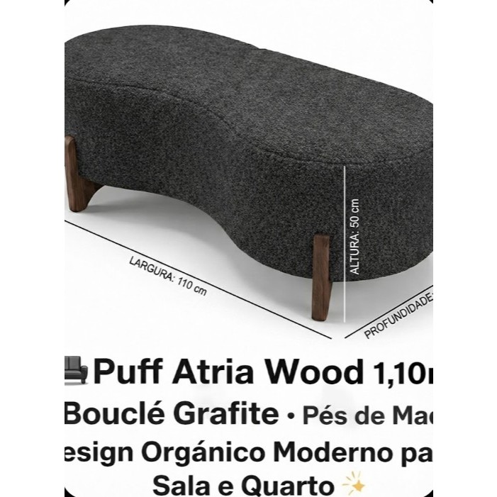 🛋️ Puff Atria Wood 1,10m em Bouclé Grafite • Pés de Madeira • Design Orgânico Moderno para Sala e Quarto ✨