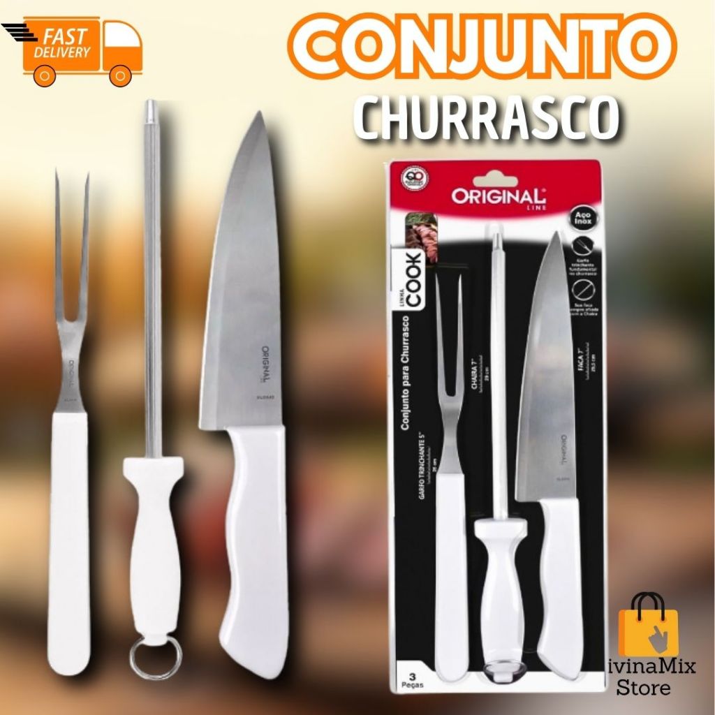Conjunto Churrasco Cabo Branco – Utensílios para Assar Carnes – Uso Doméstico Profissional – Ideal Área Gourmet