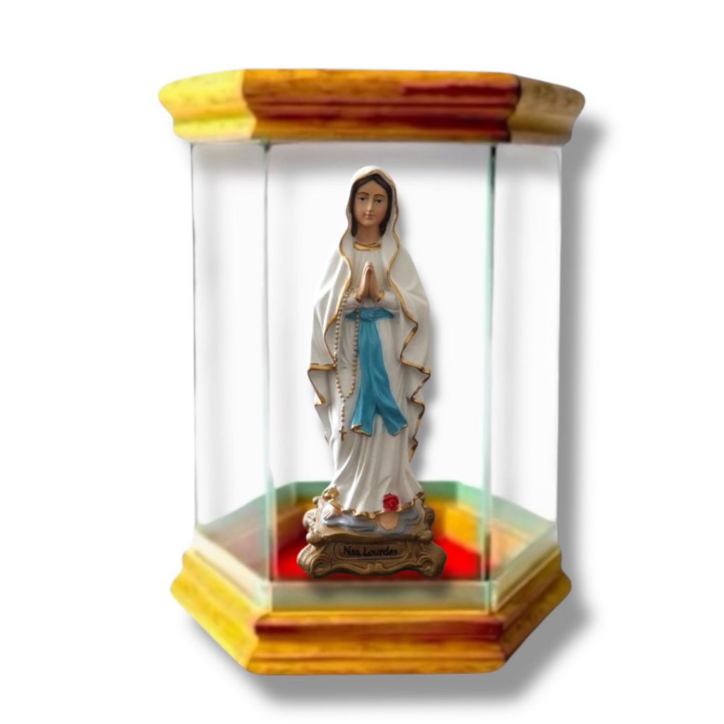 Imagem Nossa Senhora De Lourdes Resina 15cm Com Redoma Oratório De Vidro
