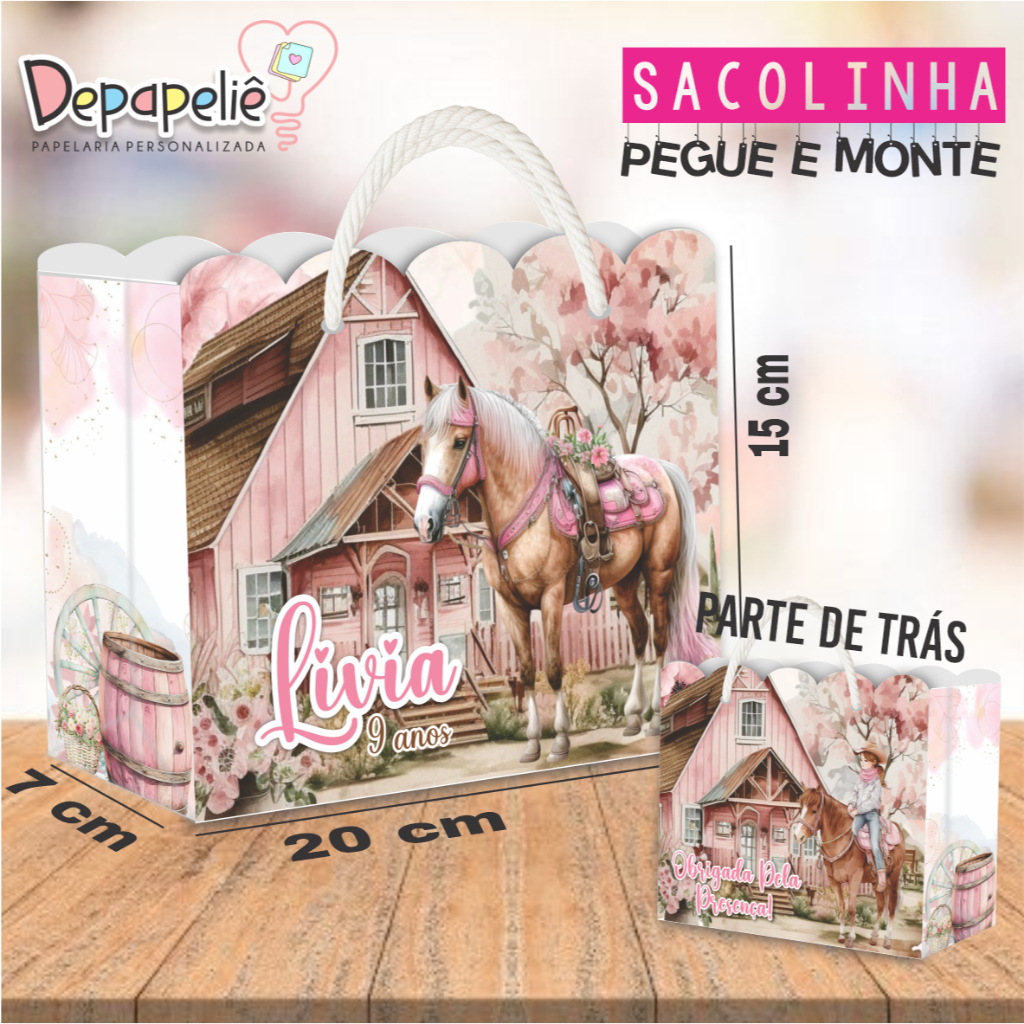 Sacolinha Personalizada COWGIRL - COWBOY MENINA PEGUE E MONTE  20x15x7cm Lembrancinhas Brindes Aniversário Infantil