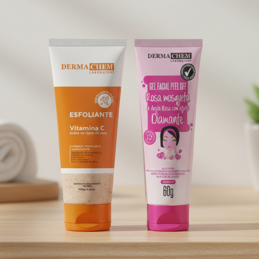 Kit Gel Esfoliante Vitamina C + Gel Facial Peel Off Rosa Mosqueta e Argila Rosa 60g Dermachem