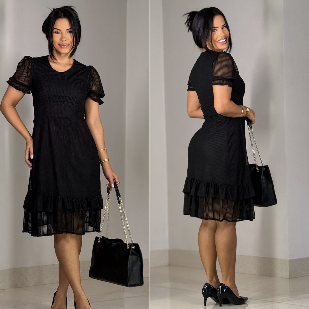 Vestido Midi Luxo Tule Manga Curta Princesa, Basico, Social Moda Feminina, Cristã, Social, Casamentos, festa