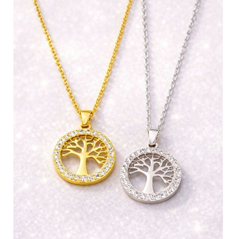 Colar Feminino Árvore da Vida em Aço Inox Prata/Dourado com Zircônias Brilhantes – Não Escurece em Oferta na Shopee