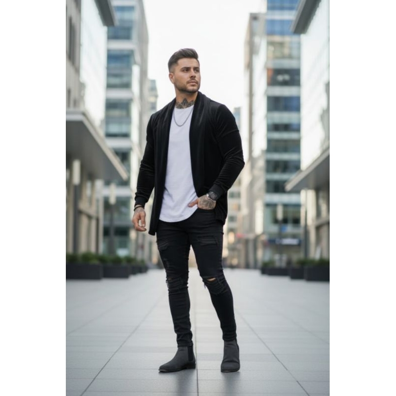 Cardigan Masculino Manga Longa Assimétrico Estiloso Fashion – Slim Fitness em veludo em Oferta na Shopee