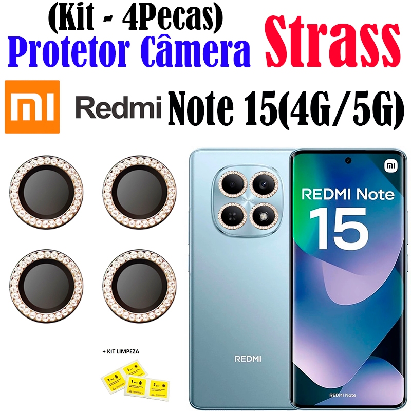 Kit (4 Pecas) Película Câmera Strass Note 15(4G/5G) Redmi Protetor Lente Colorido Brilhante
