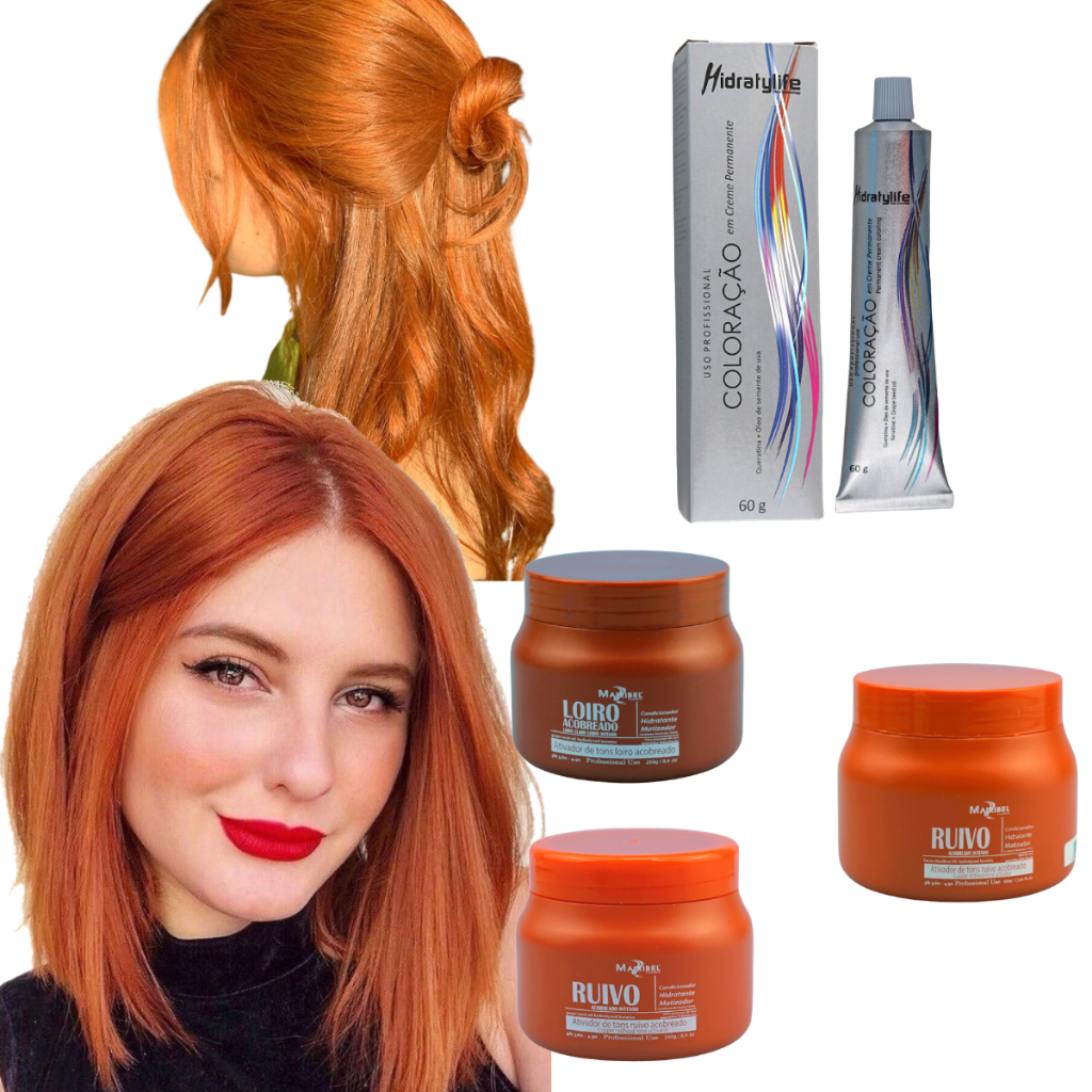 Kit Tinta de Cabelo Mairibel 8.44 Ruivo Claro Cobre Intenso + Matizador 250g ou 500g