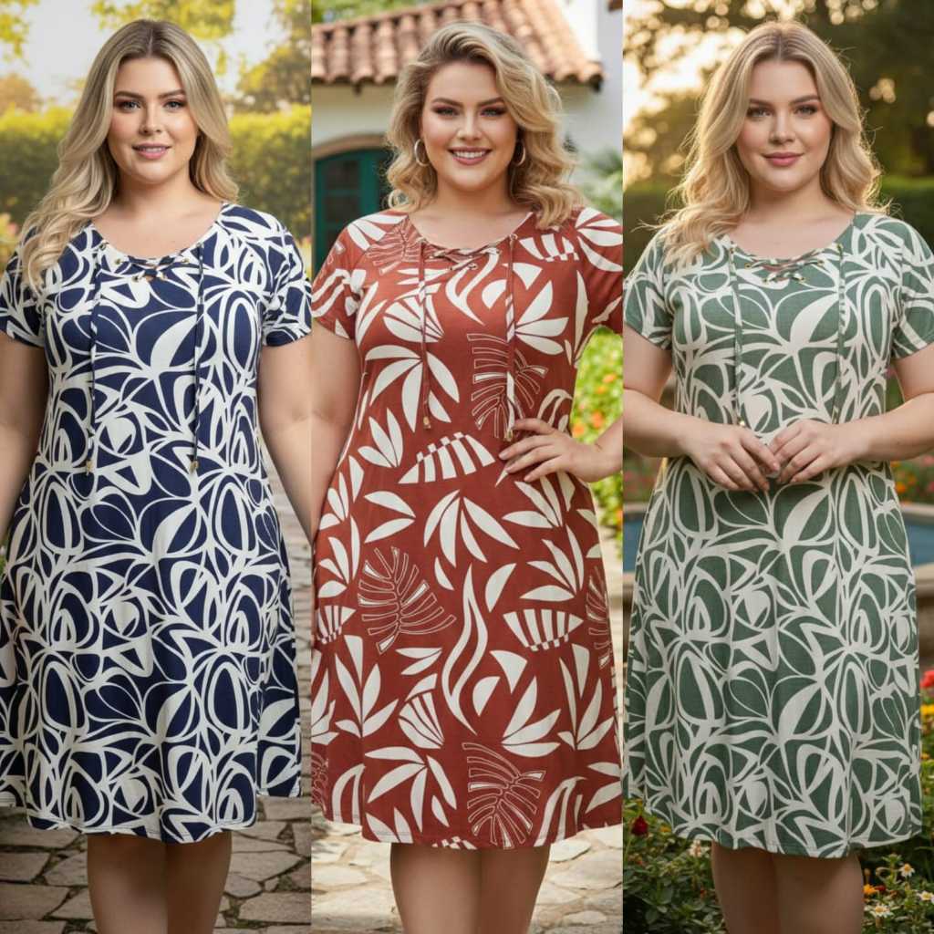 VESTIDO FEMININO PLUS SIZE COM DETALHE ILHÓS MODA VERÃO MALHA VISCOLYCRA TAMANHO ÚNICO GG 46 -50