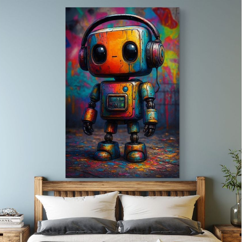 Quadro Decorativo Robô Com Fones Em MDF 110x80 Arte Colorida Moderna Geek