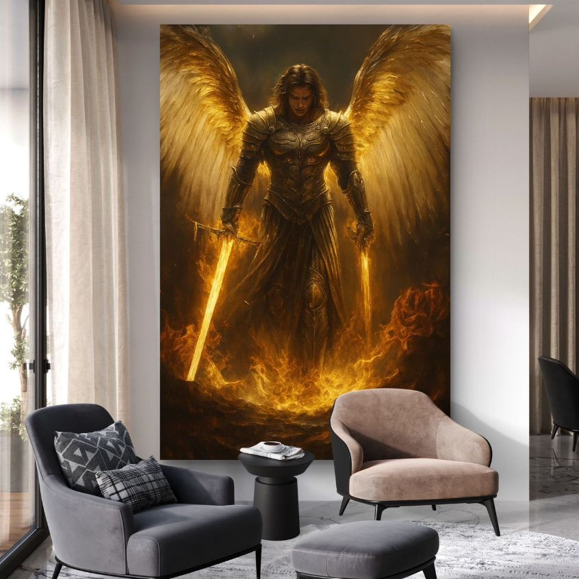 Imagem Quadro Decorativo Arcanjo Miguel MDF 110x80 Fé Proteção Luz Espiritual