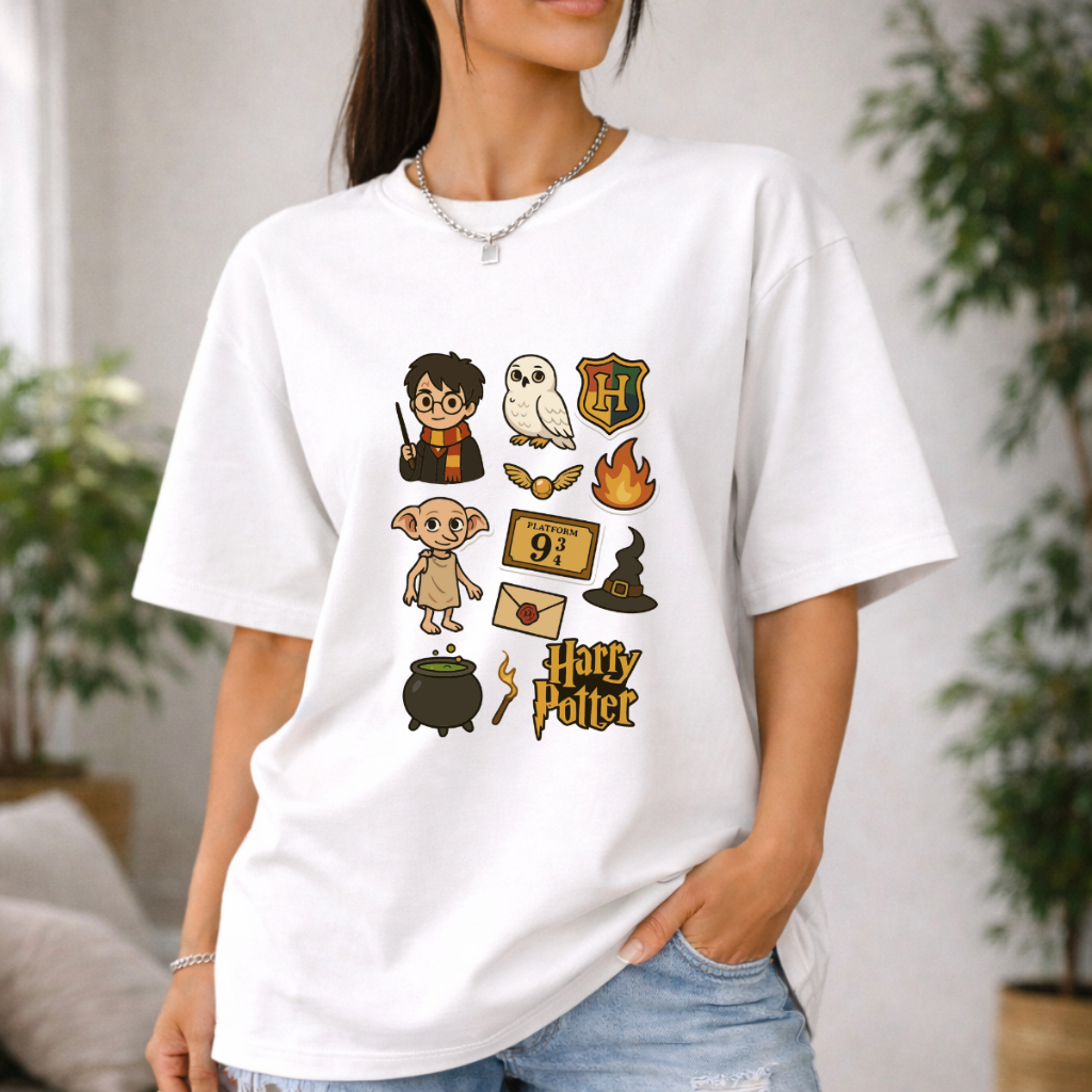 Camiseta Oversized Feminina Estampa Harry Potter Algodão Premium Estampa Casual