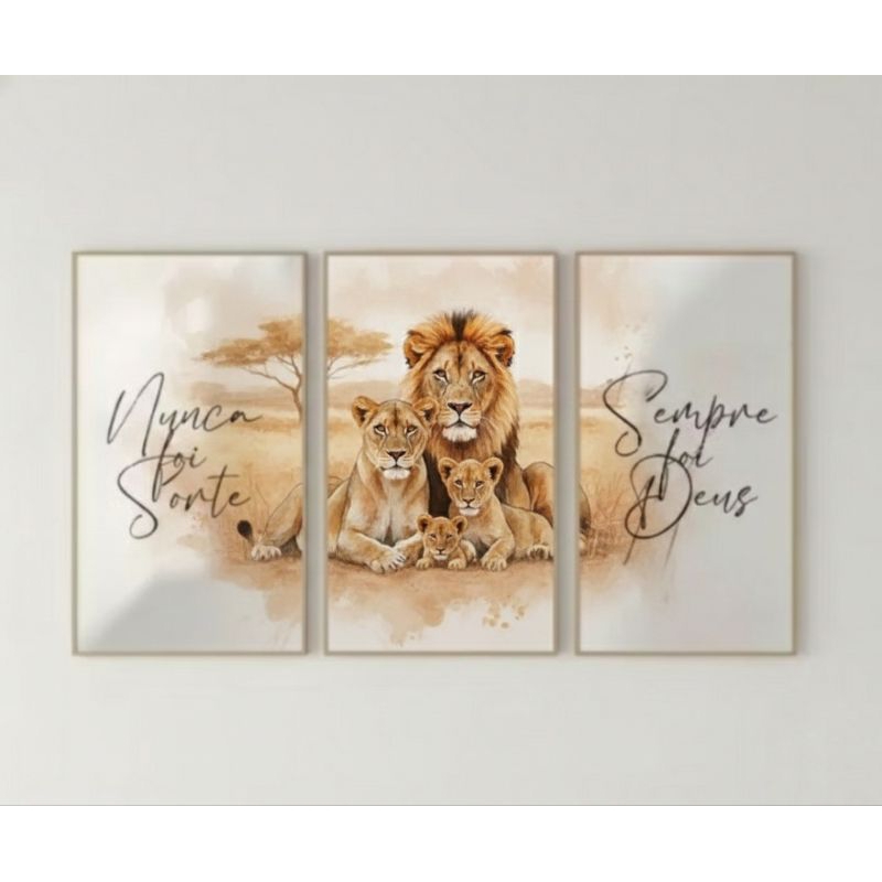 Kit 3 Quadro Decorativo Família Leão "Nunca Foi Sorte, Sempre Foi Deus" Fé Bíblia até 120x60 Quarto Sala em Oferta na Shopee