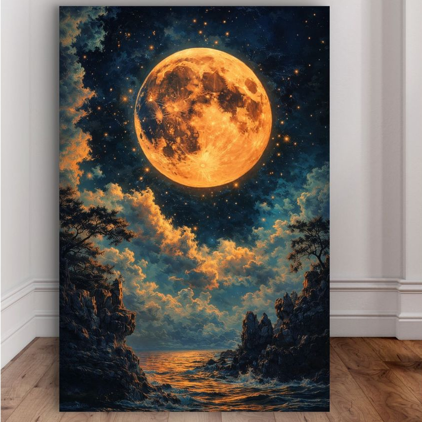 Quadro Decorativo Lua Cheia Dourada Céu Estrelado Paisagem Noturna Arte Mística MDF 110x70 em Oferta na Shopee