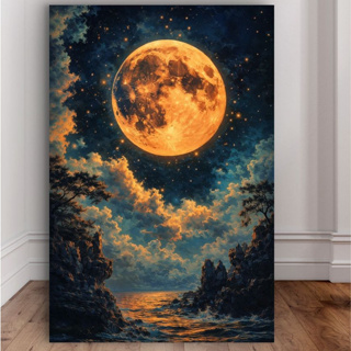 Quadro Decorativo Lua Cheia Dourada Céu Estrelado Paisagem Noturna Arte Mística MDF 110x70 em Oferta na Shopee