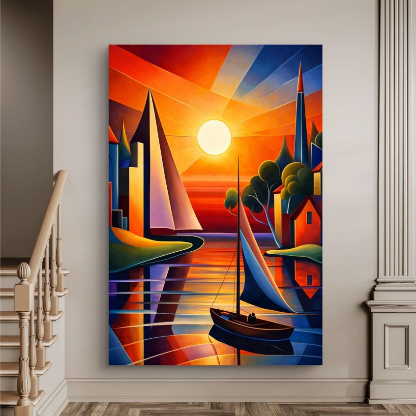 Quadro Decorativo Cidade Abstrata Com Barco Pôr do Sol Arte Moderna Colorida MDF 110x70