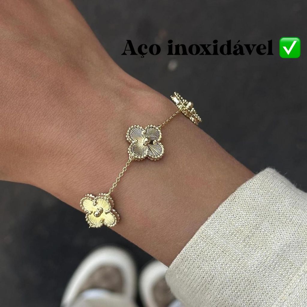 Pulseira Trevo de Quatro Folhas Dourada Aço Inoxidável 18 Ajustável Luxo  dupla face que não desbota 17+5 cm