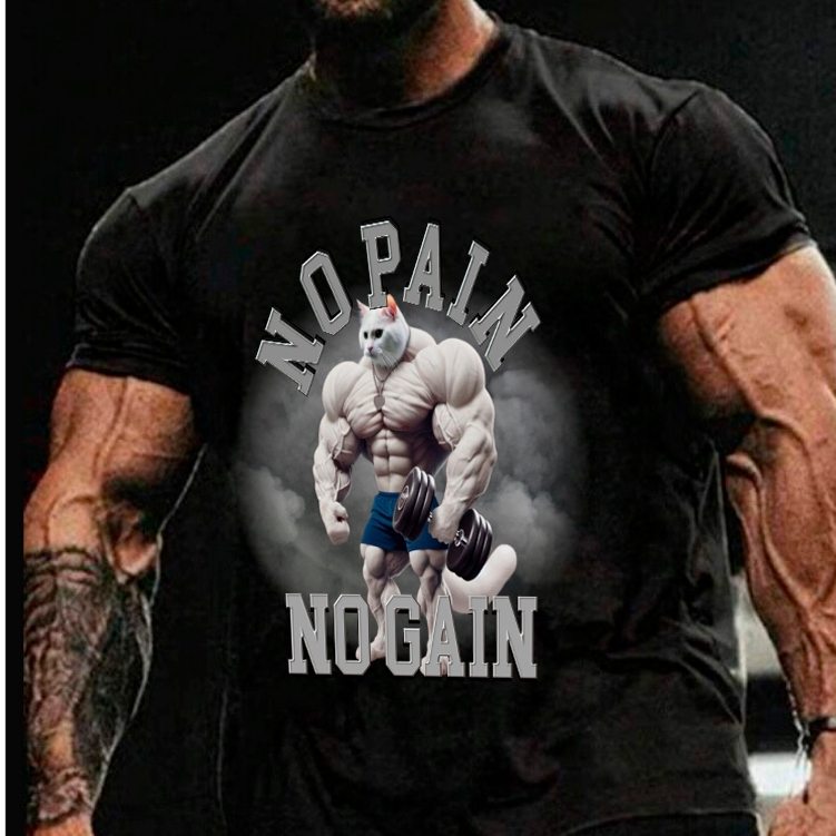 Camiseta Premium Maromba No Pain No Gain Gato Maromba Estampado Confortavel Academia Treino Blusao
