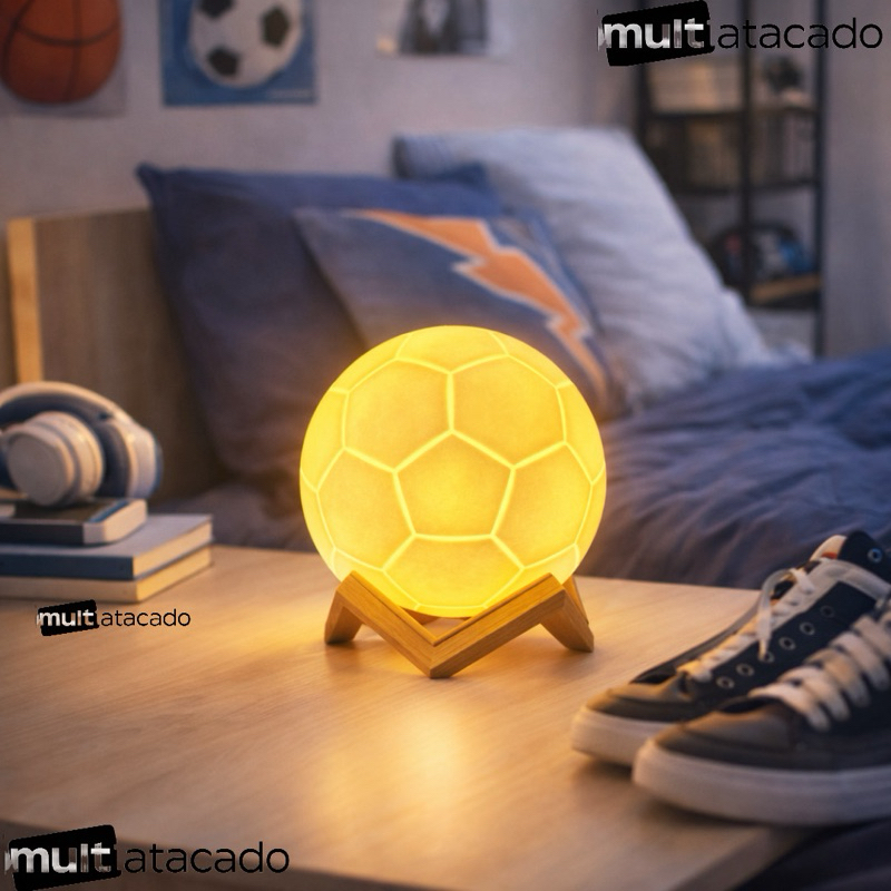 Abajur Infantil Luminária Bola de Futebol A Pilha Luminária Quarto de Menino