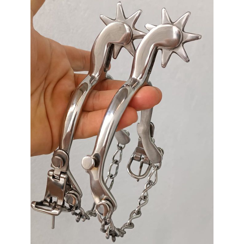 Esporas roseta 7 dentes profissional vaquejada cavalo + correias couro cavalgada