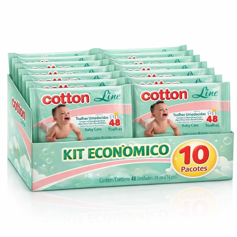 🍼 Kit 10 Pacotes Toalhas Umedecidas Cotton Line Baby Care 48 Unidades Sem Álcool