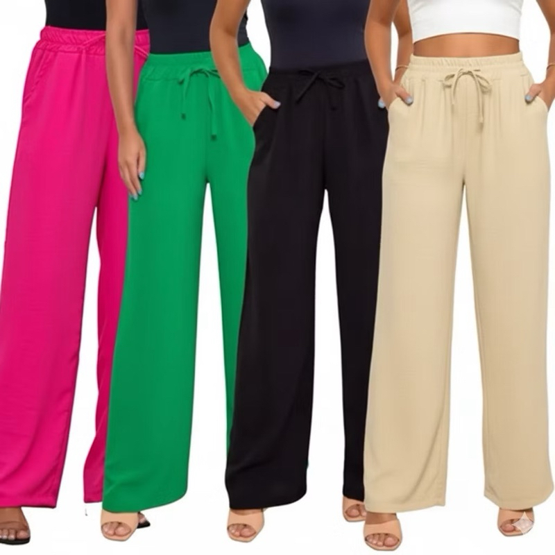 Calça Pantalona Wide Leg Feminina Tecido Duna Cintura Alta com Bolso