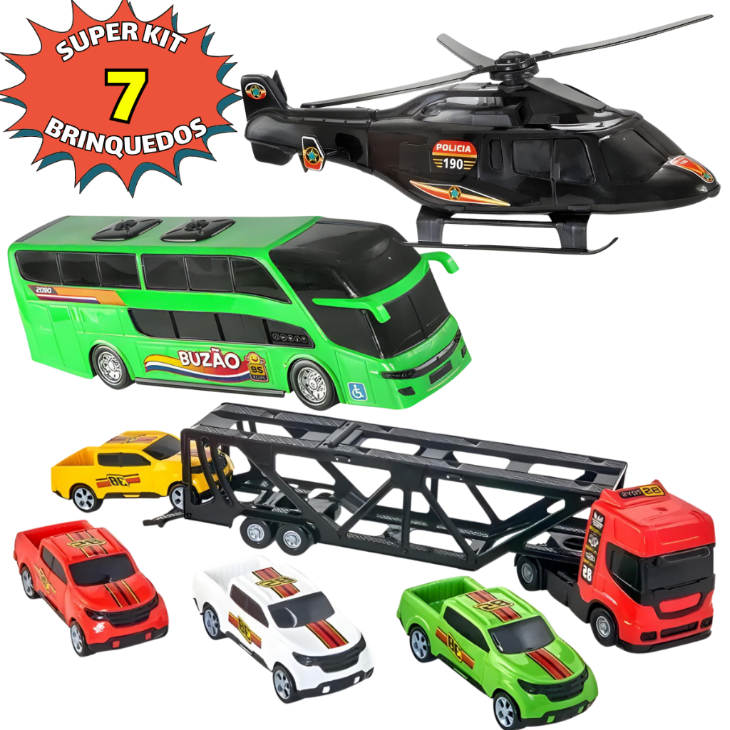 Caminhão Cegonheiro Brinquedo Com Rampa Helicóptero Ônibus 4 Carrinhos Brinquedo Infantil