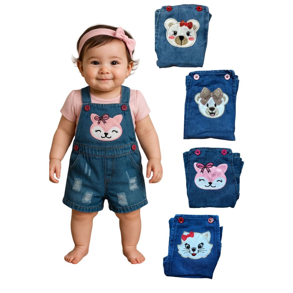 Jardineira Short Jeans Moda Infantil Bebê Menina Com Desfiados Variadas