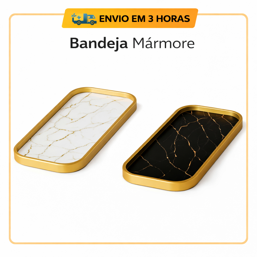 BANDEJA ESPELHADA DECORATIVA MARMORE MULTIUSO BANHEIRO LAVABO SALA PRETO DOURADO