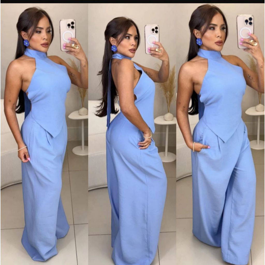 Conjunto Elegante Frente Única com Regulagem calça com zíper e blusa com bojo