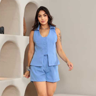 Conjunto Feminino Colete + Short Social Alfaiataria  Elegância Moderna com Botões Forrado Regulagem em Costa Gola Camisa em Oferta na Shopee