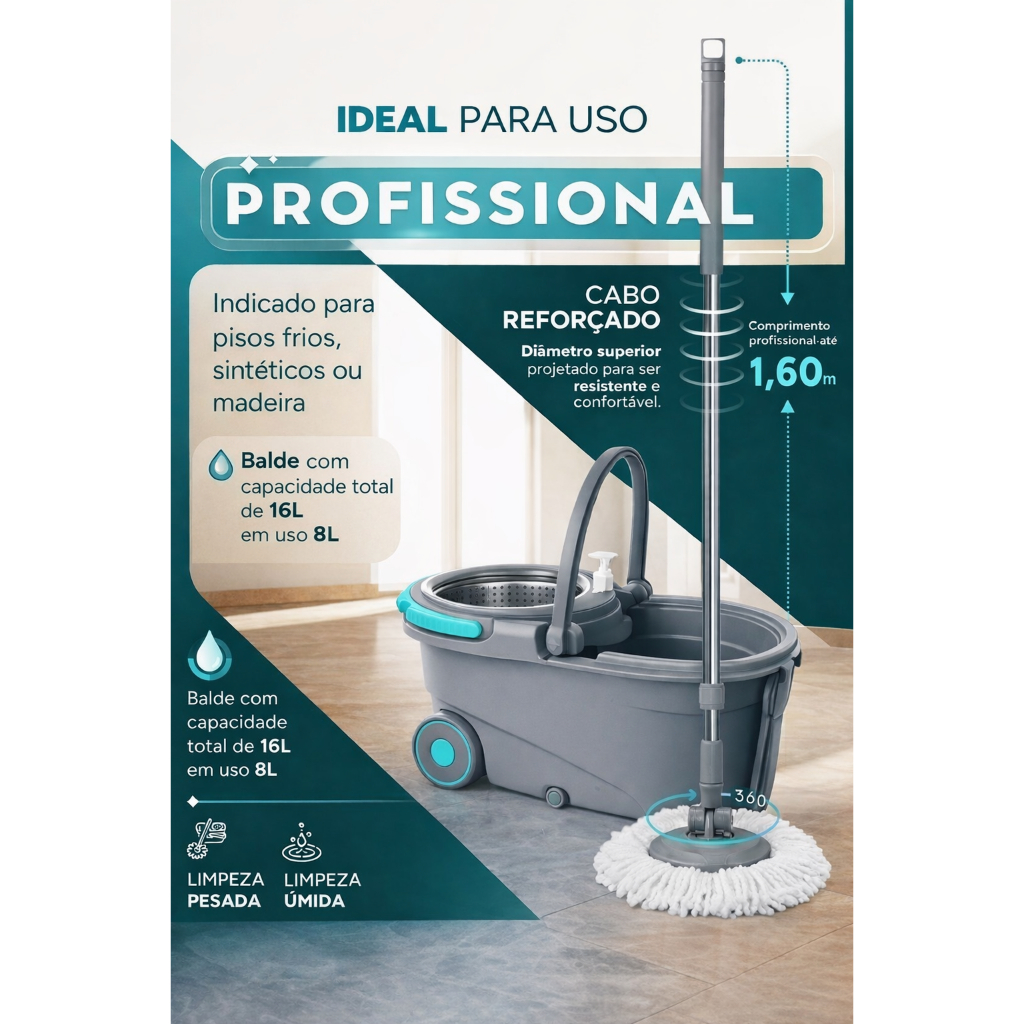 Mop Profissional 16L Giratório 360º – Balde Cesto Inox, Cabo 1,60 m, Rodinhas, Limpeza Pesada