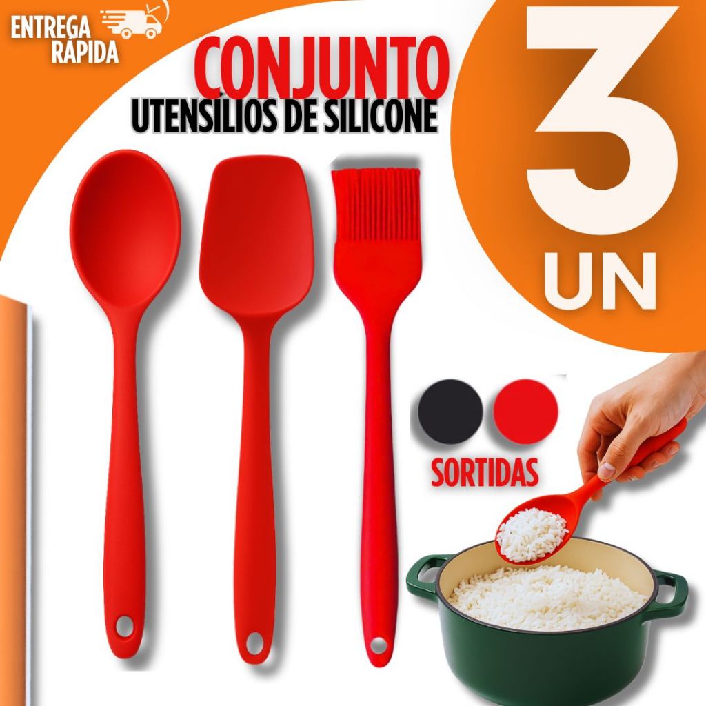 Kit C/3 Utensílios de Cozinha Silicone Espátulas Colher Casa Cozinha Restaurante Pincel Culinário