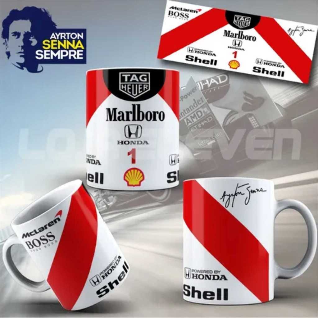 Caneca estampada Fórmula 1 McLaren Senna | TAG Heuer, Marlboro, Honda | Presente Geek Automobilismo