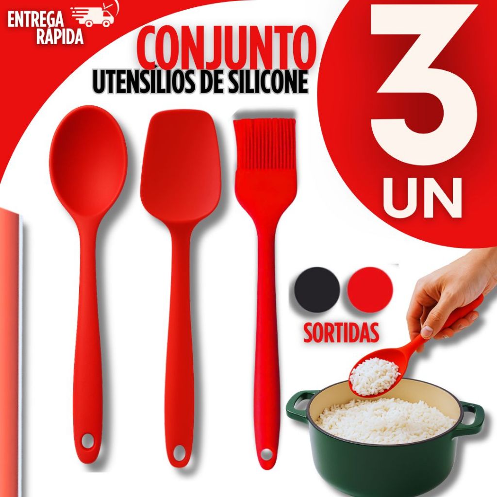 Kit C/3 Utensílios de Cozinha Silicone Espátula + Colher + Pincel Culinário Cozinha Restaurante