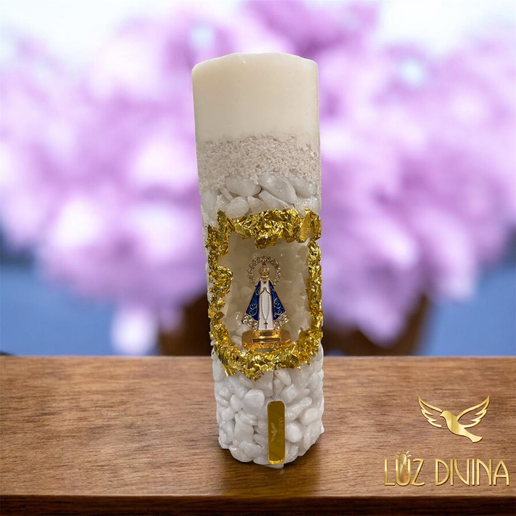Vela Artesanal Nossa Senhora Aparecida – Pedras Brancas e Folha de Ouro