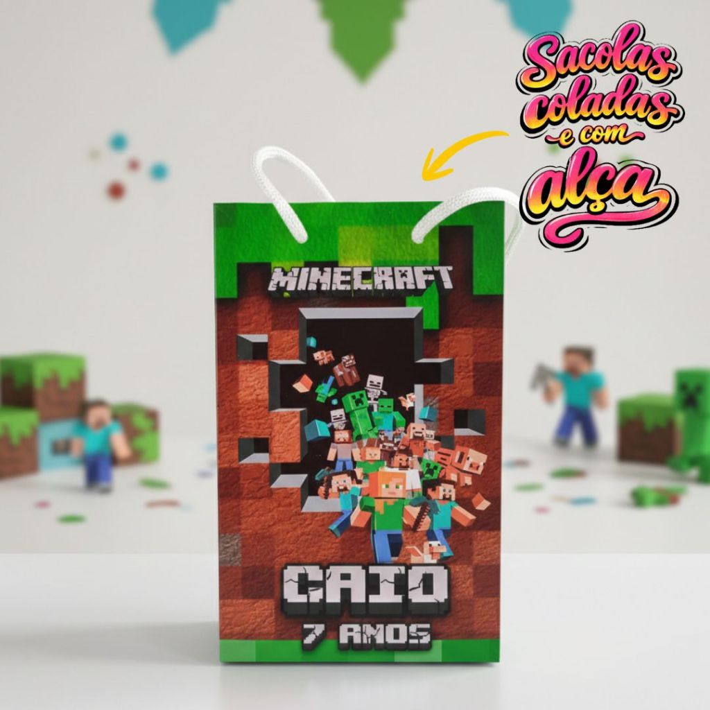 Sacolinha P Minecraft Personalizada/ Lembrancinha para Festa/ Festa Infantil/ Aniverasario/Festa Menino /Festa Minecraft