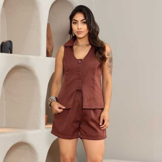 Conjunto Coleta + Short Elegância estilo moda feminina Gola Camisa Botom Forrado y Regulagem em Lãs Costas moda 2025 em Oferta na Shopee