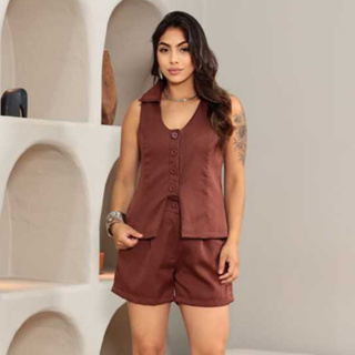 Conjunto Coleta + Short Elegância estilo moda feminina Gola Camisa Botom Forrado y Regulagem em Lãs Costas moda 2025 em Oferta na Shopee