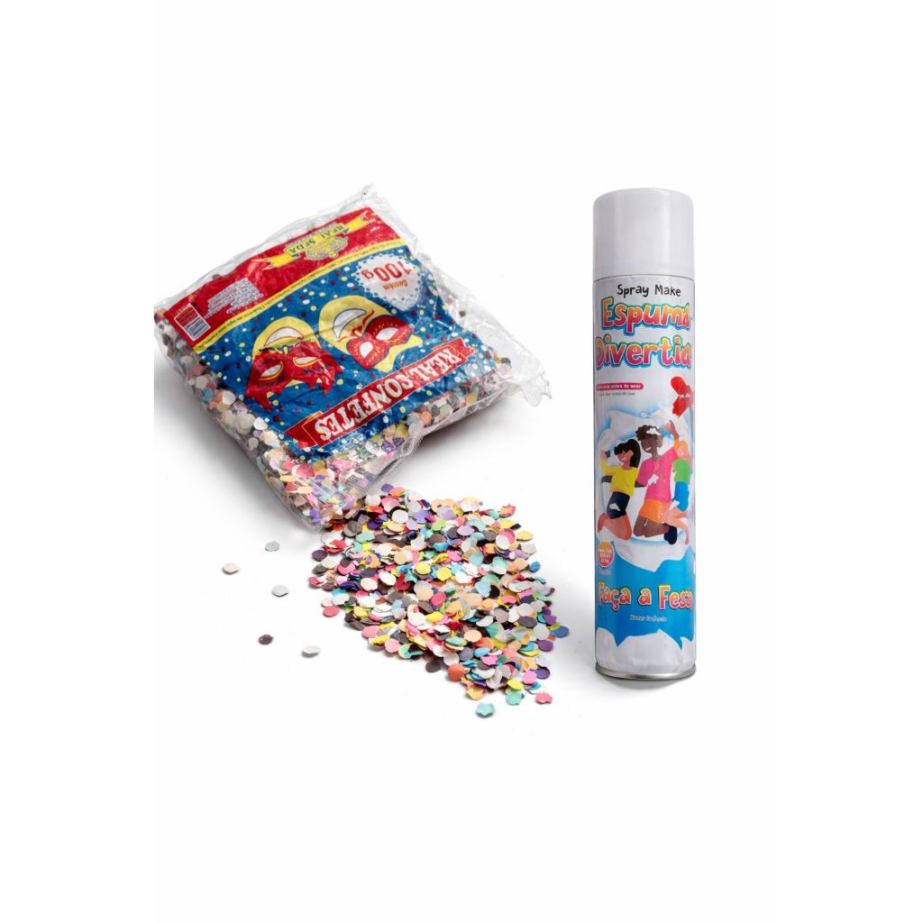 Kit Espuma Spray + Confete Colorido – Diversao para Festas e Carnaval