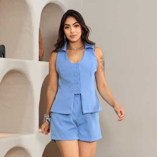 Conjunto  blusa Coleta y short fermina gola camisa botton a frente pose regulagem em lãs costa em Oferta na Shopee