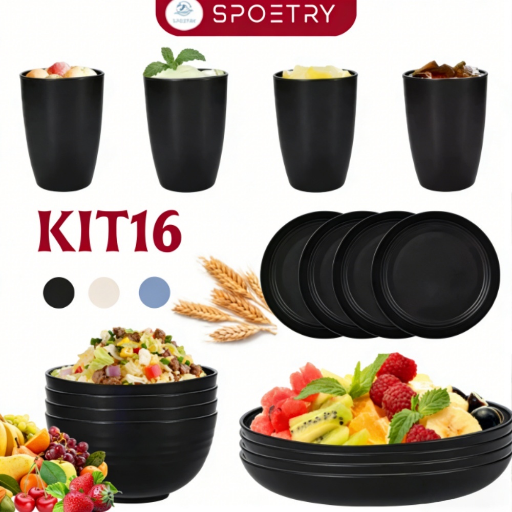 Jogo Completo 16 Peças de Fibra de Trigo  Louça Segura para a Família Não Quebrável para Uso Diário e Piqueniqu em Oferta na Shopee