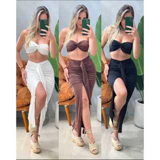 Conjunto Cropped Nó + Saia Longa com Fenda em Suplex Premium