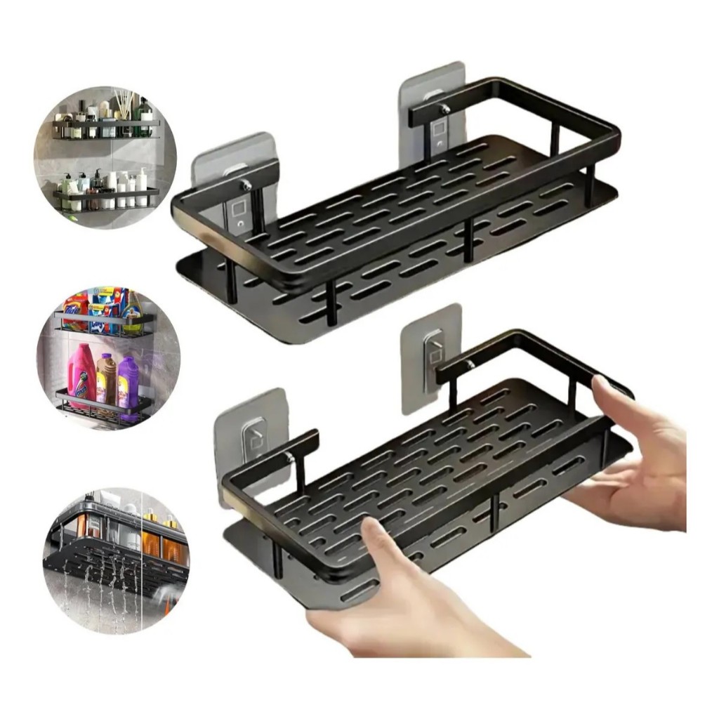 2 Peças Kit Suporte prateleira Shampoo Sabonete Banheiro Adesivo Parede Box Luxo Cor Preto