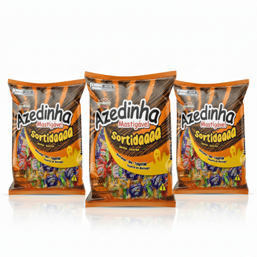 Kit 3 Pacote Bala Sortida Azedinha Goma Mastigável Doce Aniversario Original 500g