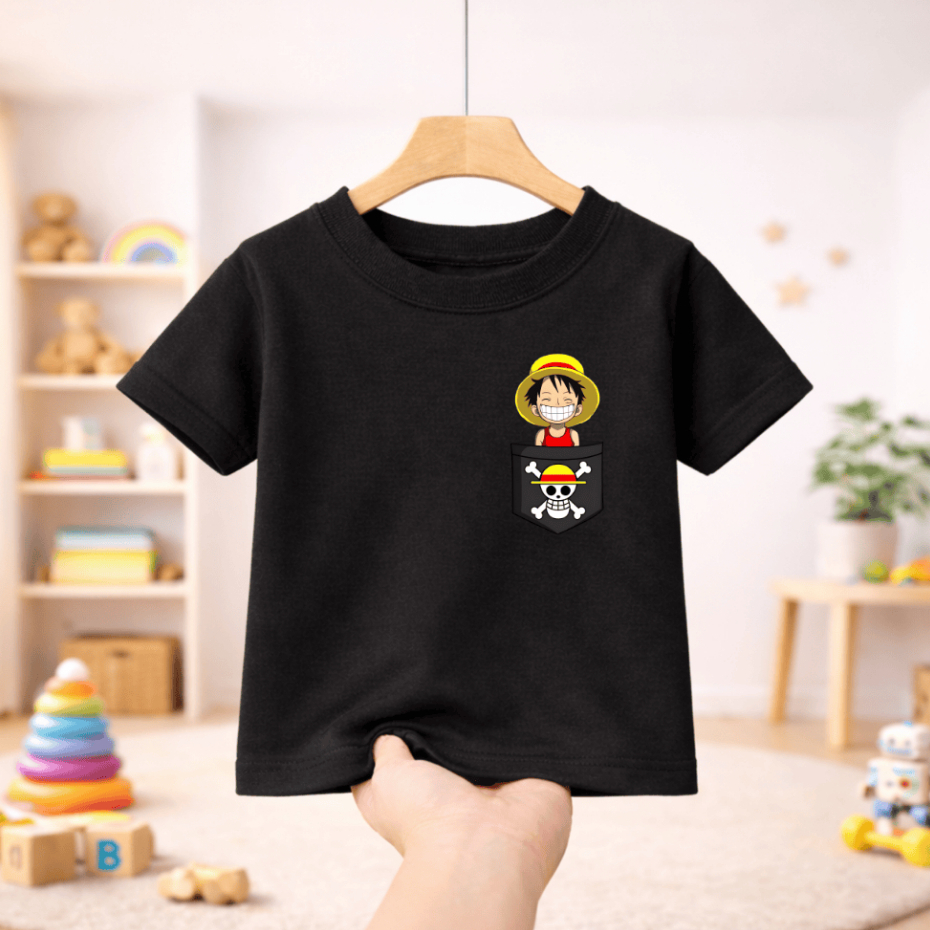 Camiseta Infantil Juvenil One Piece - Estampa Personalizada Luffy de Bolso - Camisa em Algodão Divertida - Anime - Kids