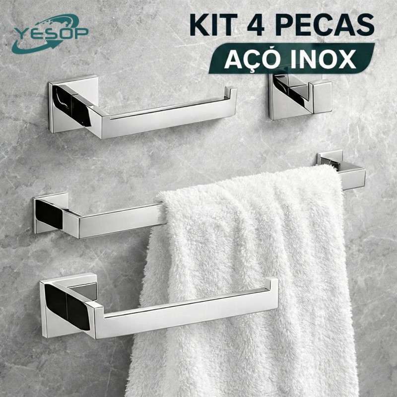 YESOP Kit Acessórios Banheiro 4 Peças Inox Quadrado Toalheiro 60cm Luxo Antiferrugem em Oferta na Shopee